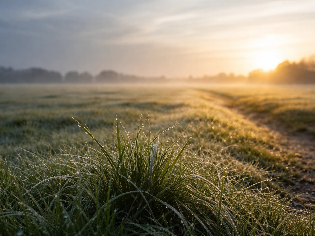 Rijp en dauwdruppels op Nederlands gras, met felle zon ernaast voor koude nacht gevolgd door opwarming.