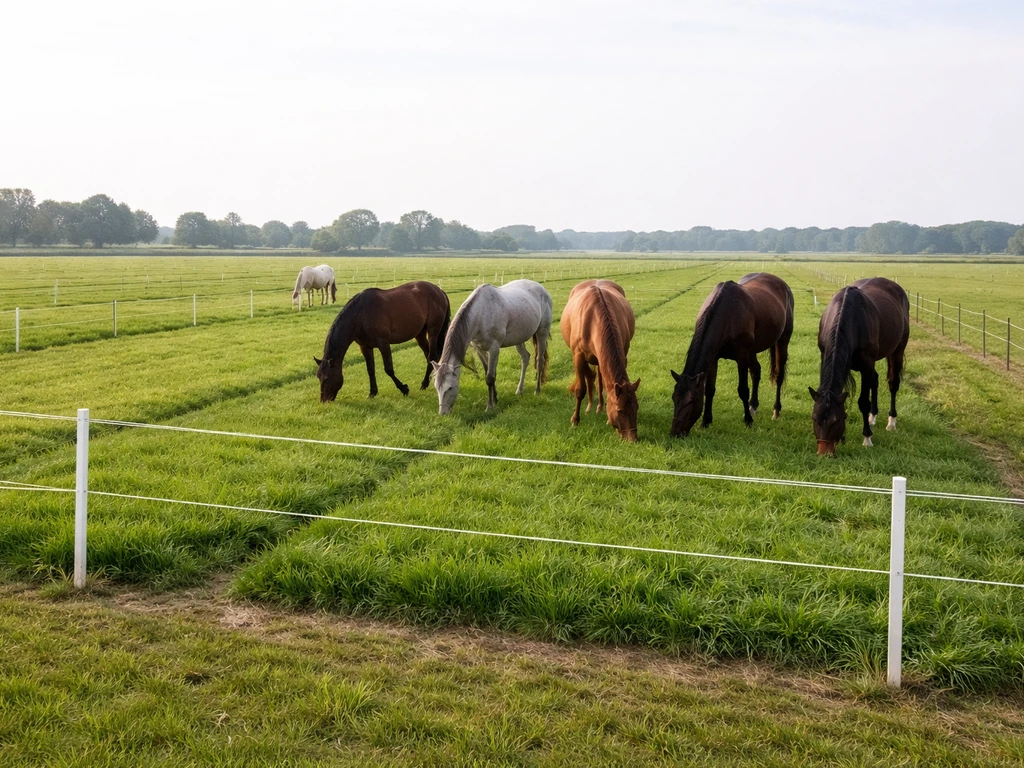 Paarden in afgebakende stroken weide met tijdelijk mobiel raster, rustig in een veilige portiebeweiding