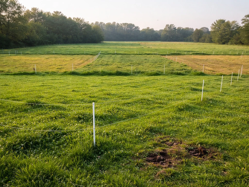 Weidepercelen met lage draadafscheidingen die rotatiebeweiding en rust tussen delen laten zien.