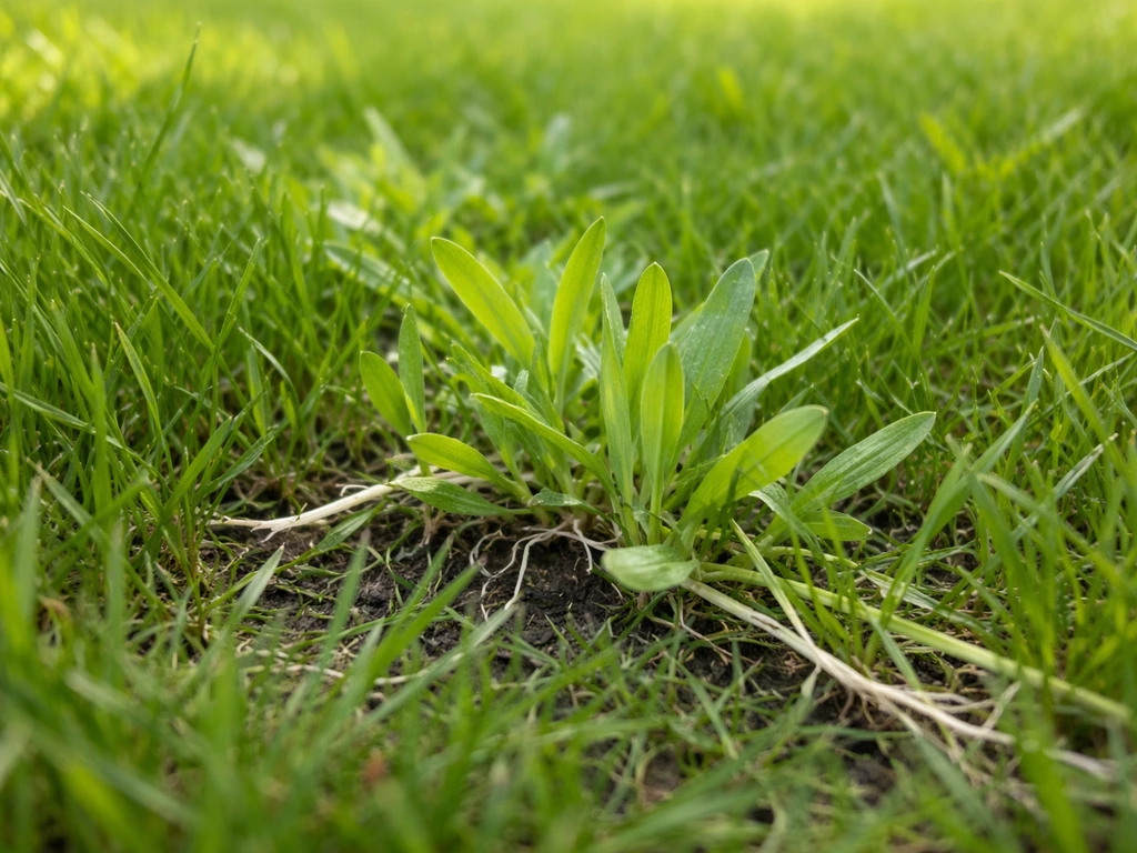 Close-up van tarwegras in de gazonzode met kruipende groei en duidelijke bladstructuur.
