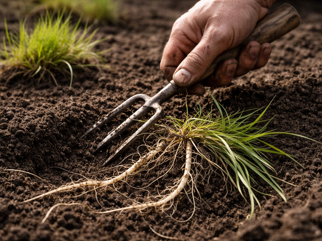 Hand met smalle grondvork trekt tarwegras uit natte grond; zichtbare wortel-/rhizoomresten liggen naast de plek.