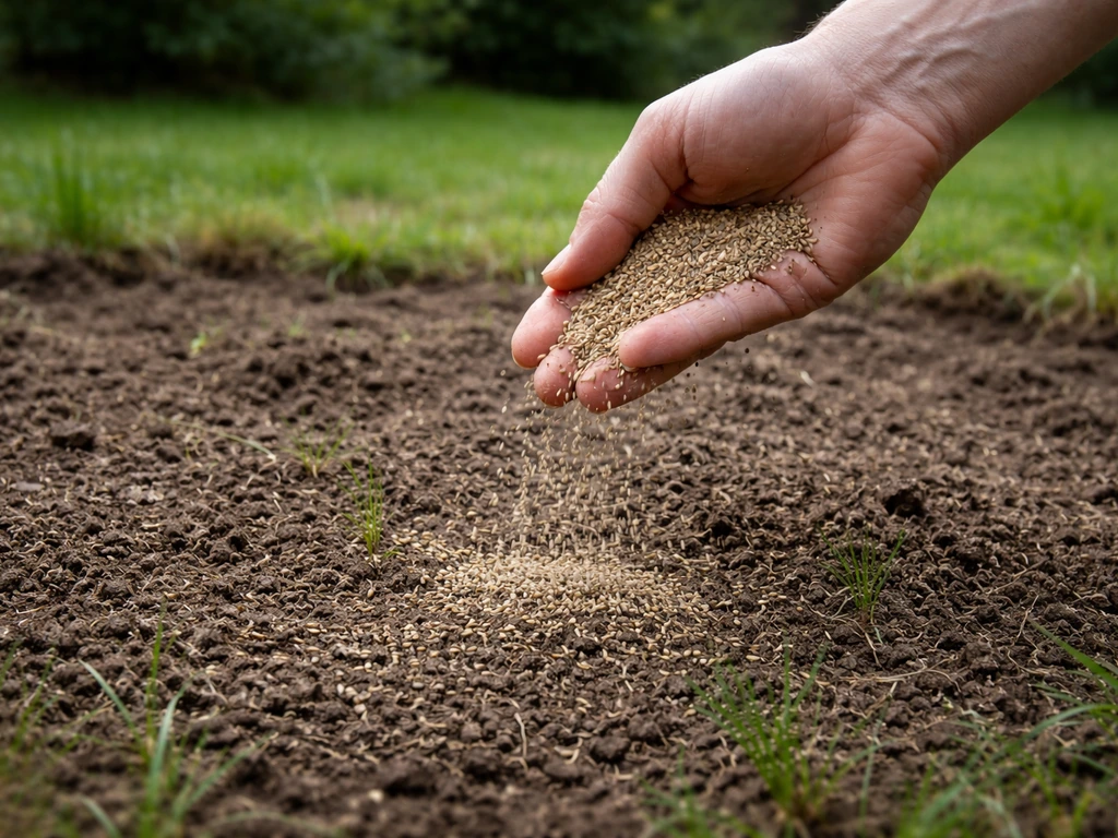Hand strooit grasmengsel uit op een open plek in het gazon; licht ingewerkt zaad zichtbaar.