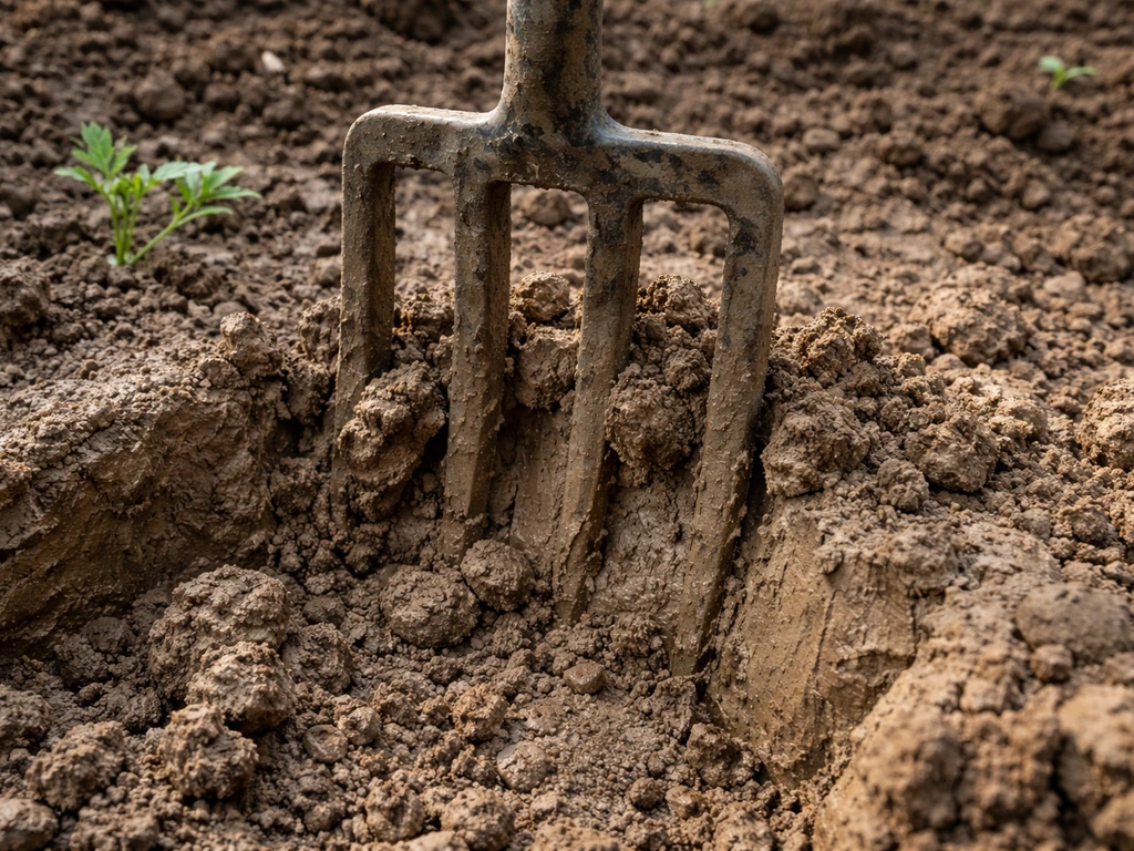 Close-up van een spitvork die in verdichte kleigrond prikt, met zichtbare bodemstructuur
