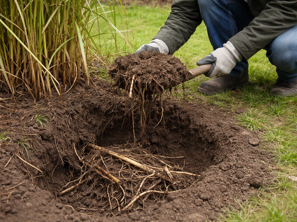 Persoon schept met een spade kleine haard uit; zichtbare wortelresten worden verwijderd in een tuin.