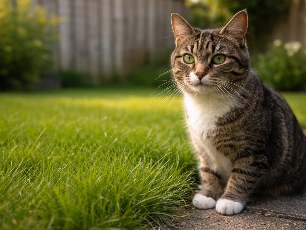 Close-up van een kat in een groen gazon in de tuin, met focus op het gras en natuurlijk licht.