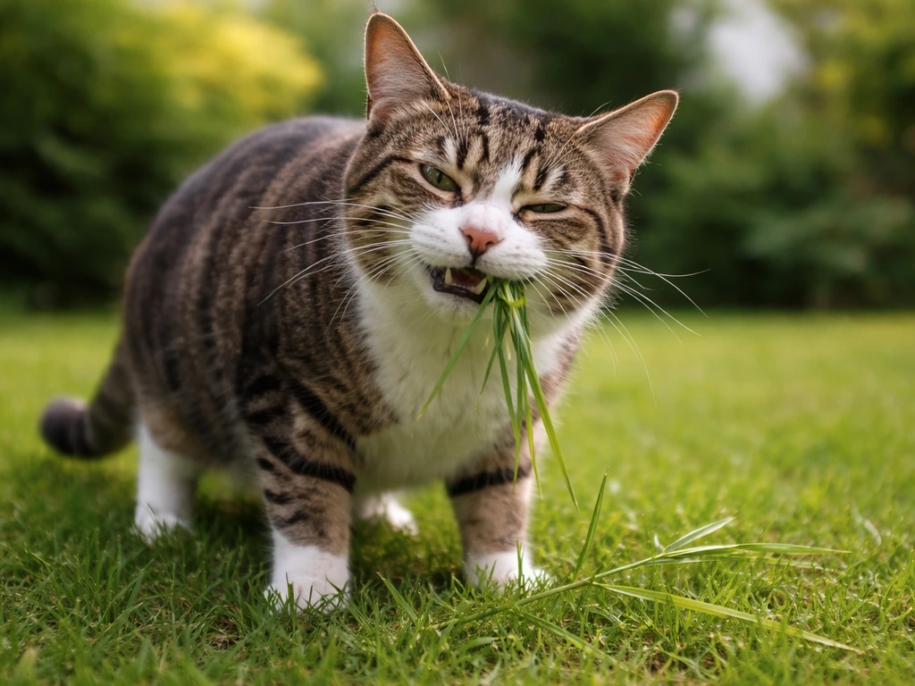 Een kat knabbelt aan zichtbaar groen gras op een gazon in natuurlijk daglicht.