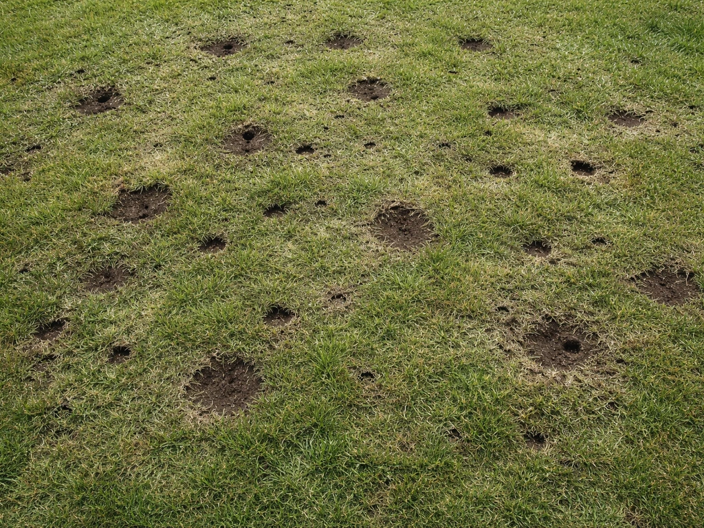 Bovenaanzicht van een beschadigd gazon met gaatjes en kraters waar grond zichtbaar is.