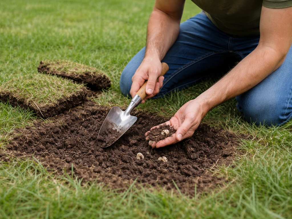 Iemand spiegelt een aangetaste grasplek om en controleert de open bodem op larven in een tuin.