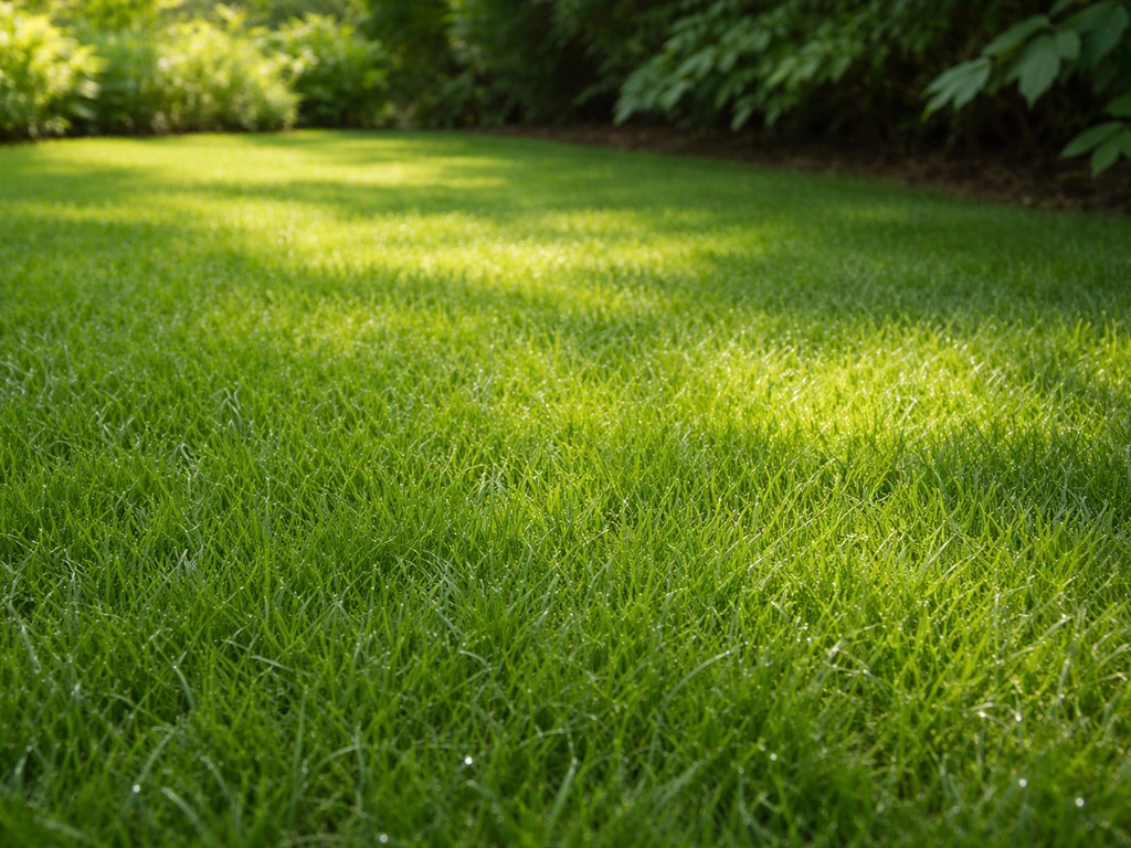 Gezond, dicht gazon met duidelijke zonnige en licht beschaduwde strook, als voorbeeld van robuuste grasgroei.
