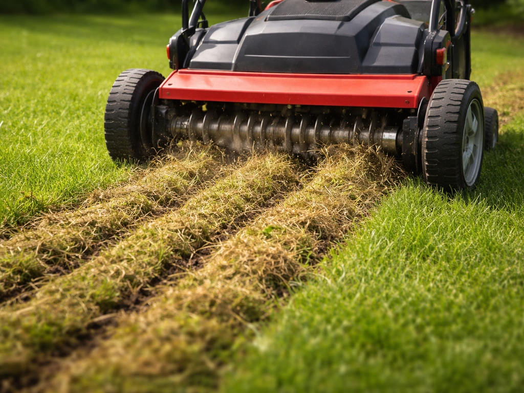 Verticuteermachine die verticale sleuven maakt in het gazon, met losse viltige resten die vrijkomen