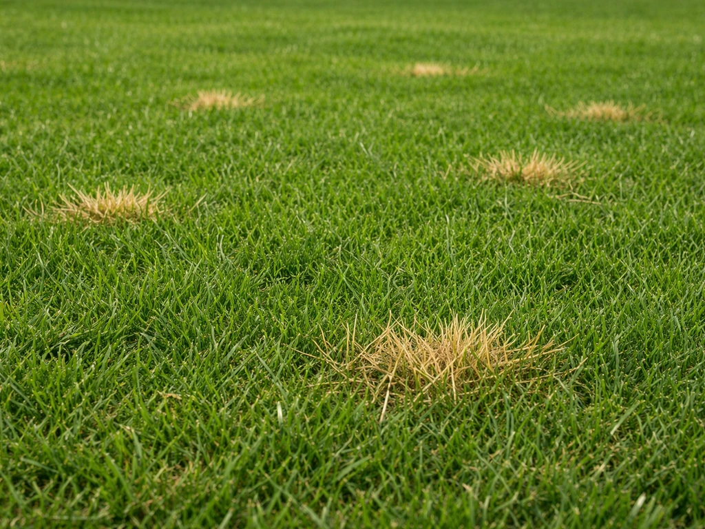 Overzichtsfoto van een Nederlands gazon met geelachtige, verdroogde plukjes gras frietjes tussen gezond groen