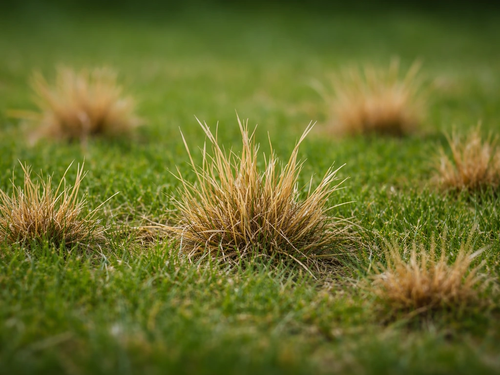 Close-up van verdroogde grasplukjes die stijf omhoog steken in een gazon, los van het omliggende gras.