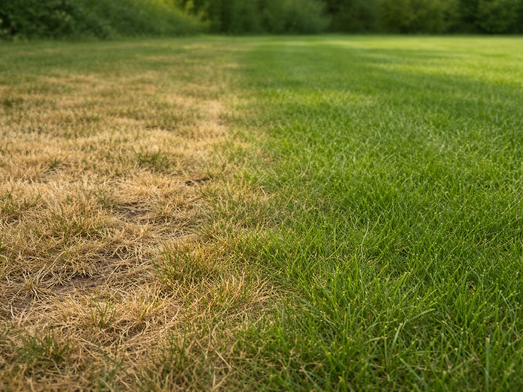 Verdroogde gazonplukjes naast frisser, groener gras, met duidelijke sporen van onregelmatige beregening.