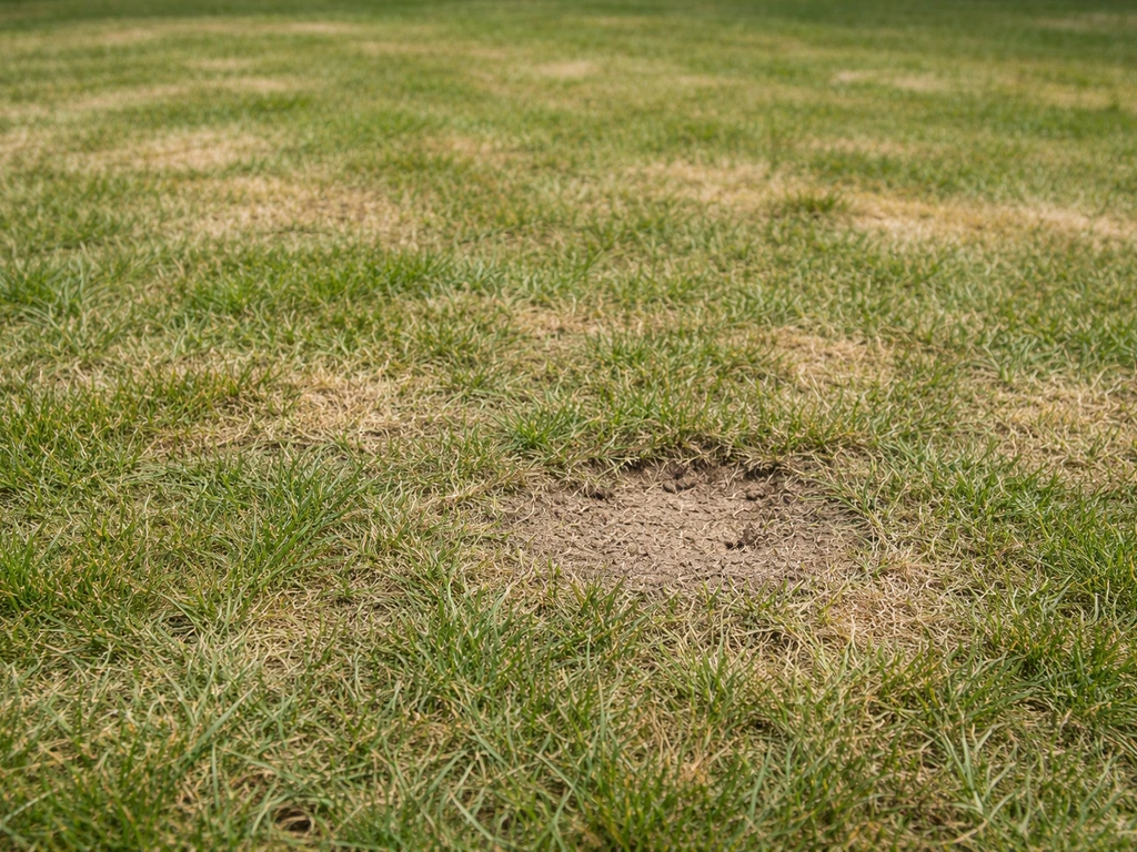 Close-up van te laag gemaaid gazon met korte, kwetsbare grassprieten en zichtbare stressplekken