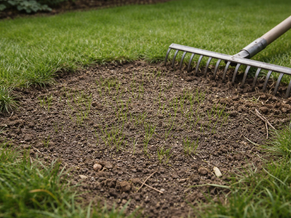 Tuinierhark met zichtbare kale grasplek, verse gezaaide grasprieten en licht bedekkende grond na doorzaaien
