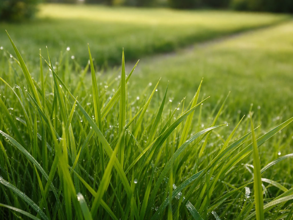Close-up van groene grassprieten met onscherpe gemaaide tuinrand op de achtergrond bij natuurlijk daglicht.