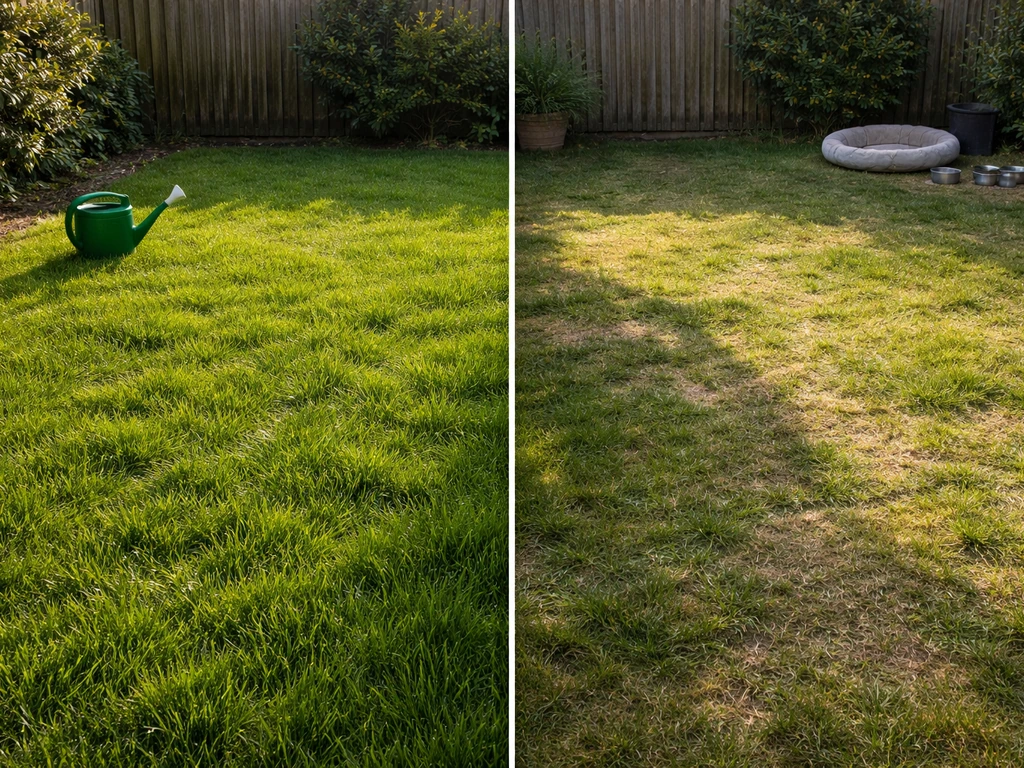 Twee stukken gras op één erf: recent bemest gazon links en gras bij een dierenplek rechts.