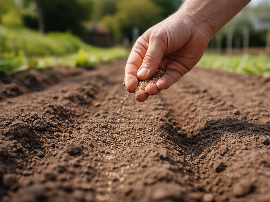 Hand strooit zaad uit op een voorbereide zaaibodem in een moestuin in het voorjaar