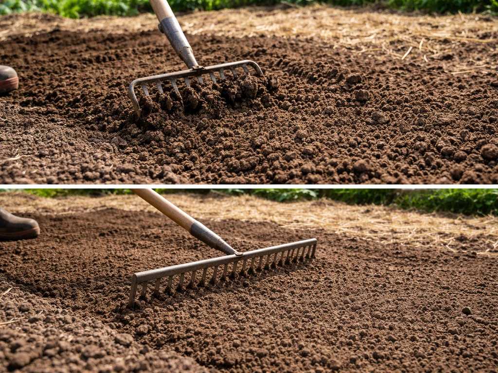 Close-up van zaaibodem die losgemaakt wordt met schoffel en geëgaliseerd met een hark, rul en vlak in de tuin.