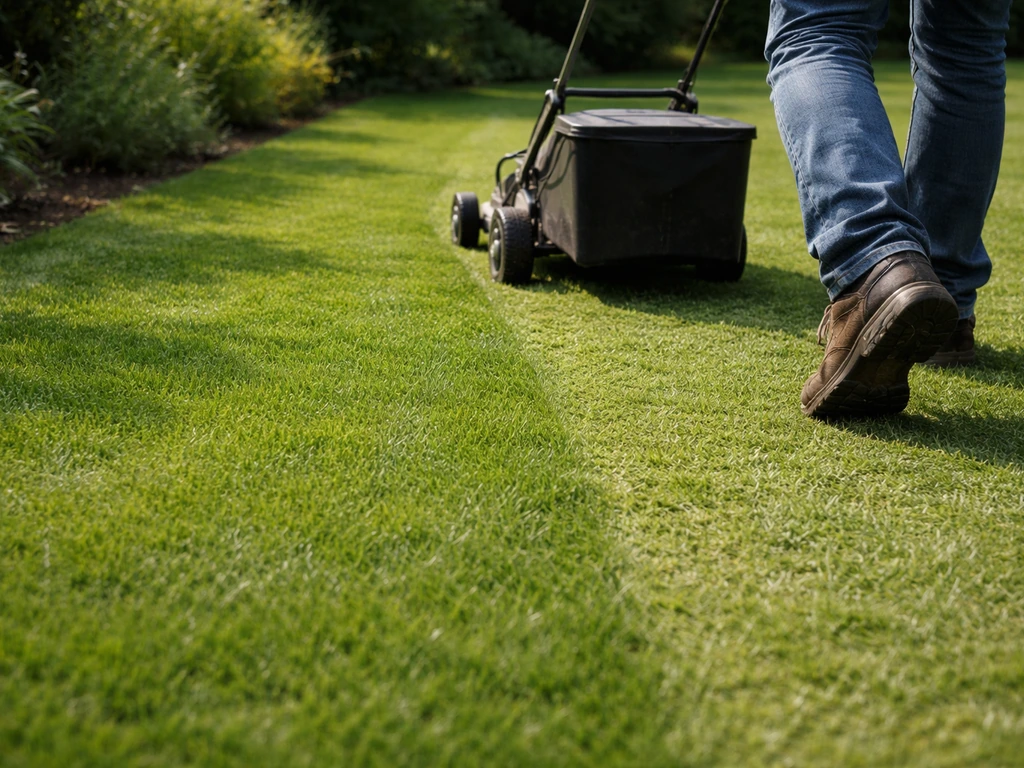 Tuinier die een gazon maait met zichtbare maaiselresten en een strak, groen grasveld op aanbevolen maaihoogte