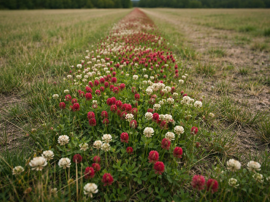 Grasstrook in een weiland waar klaver domineert: meer rood/wit en minder groen dan de rest van het veld.