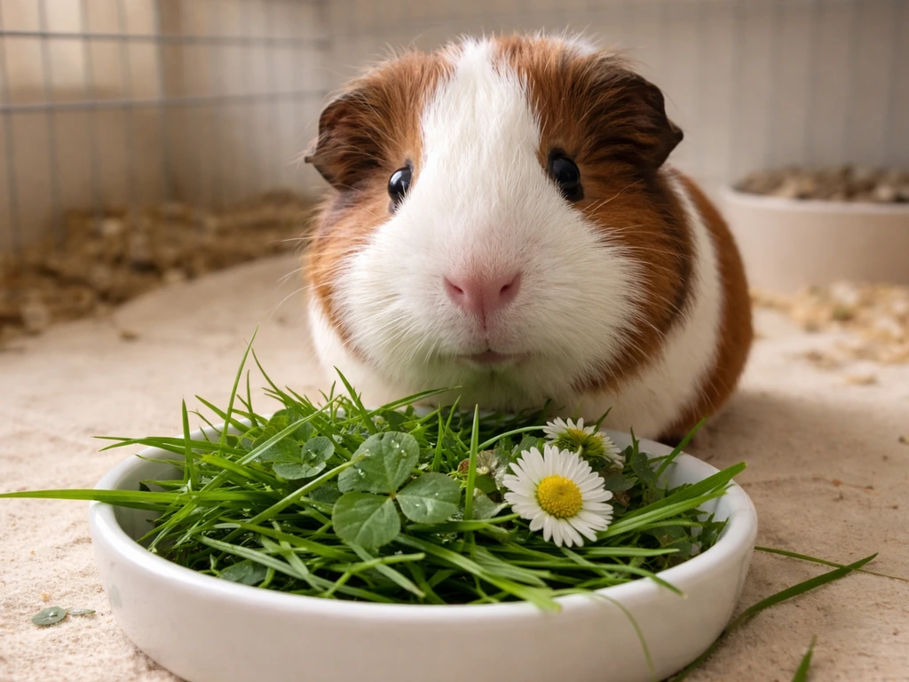 Close-up van vers onbespoten gras en kruiden dat veilig voor een cavia wordt aangeboden.