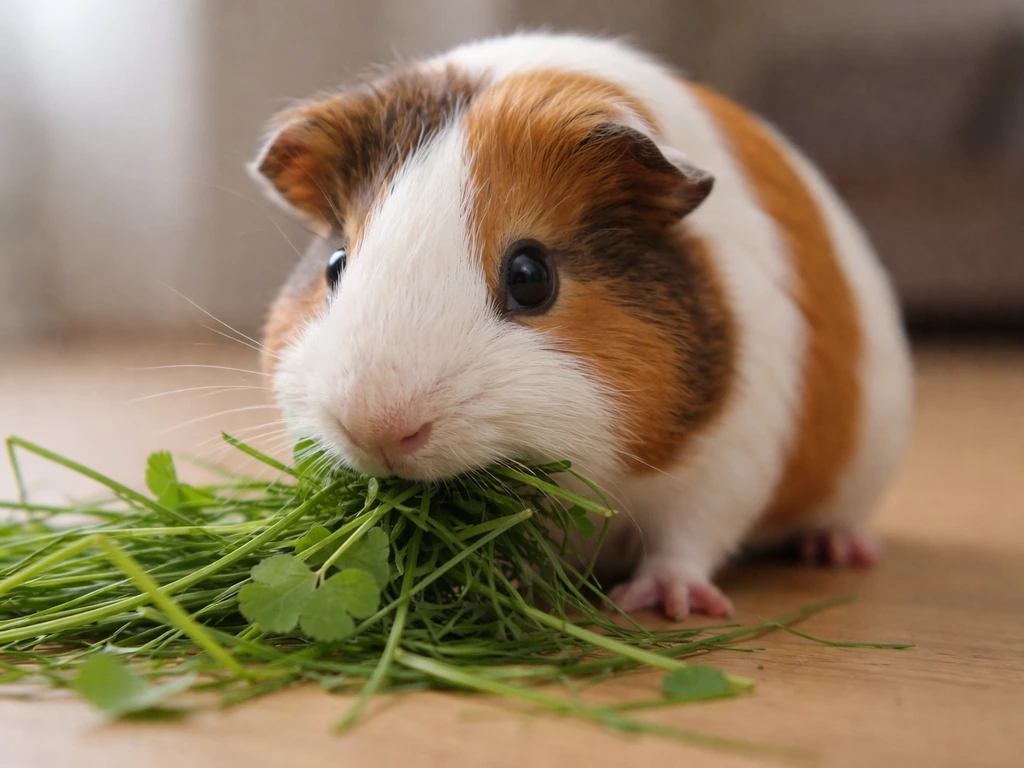 Een cavia die graast op vers gras/klaver in een rustige, huiselijke setting.