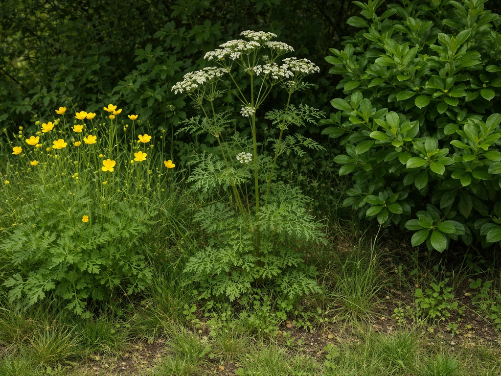 Drie tuin-/bermplanten naast elkaar: boterbloem, gevlekte scheerling en ligusterstruik in een rustige natuurlijke tuinra