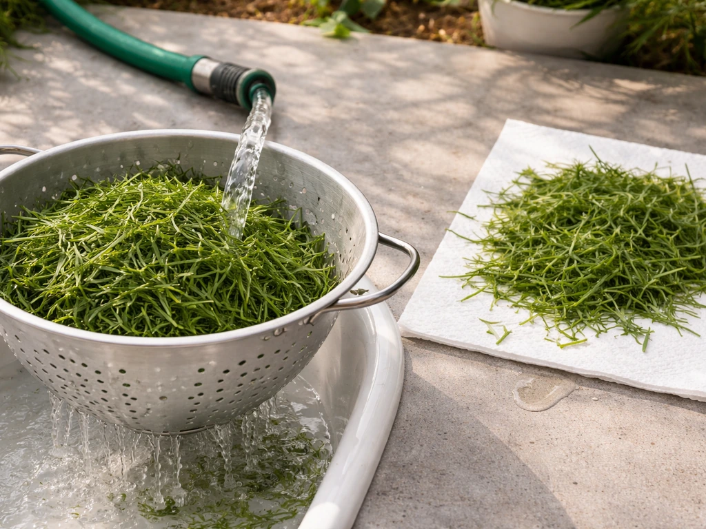 Vers gras in een vergiet met water, daarna drogen van natte grasresten op een doek in de tuin.
