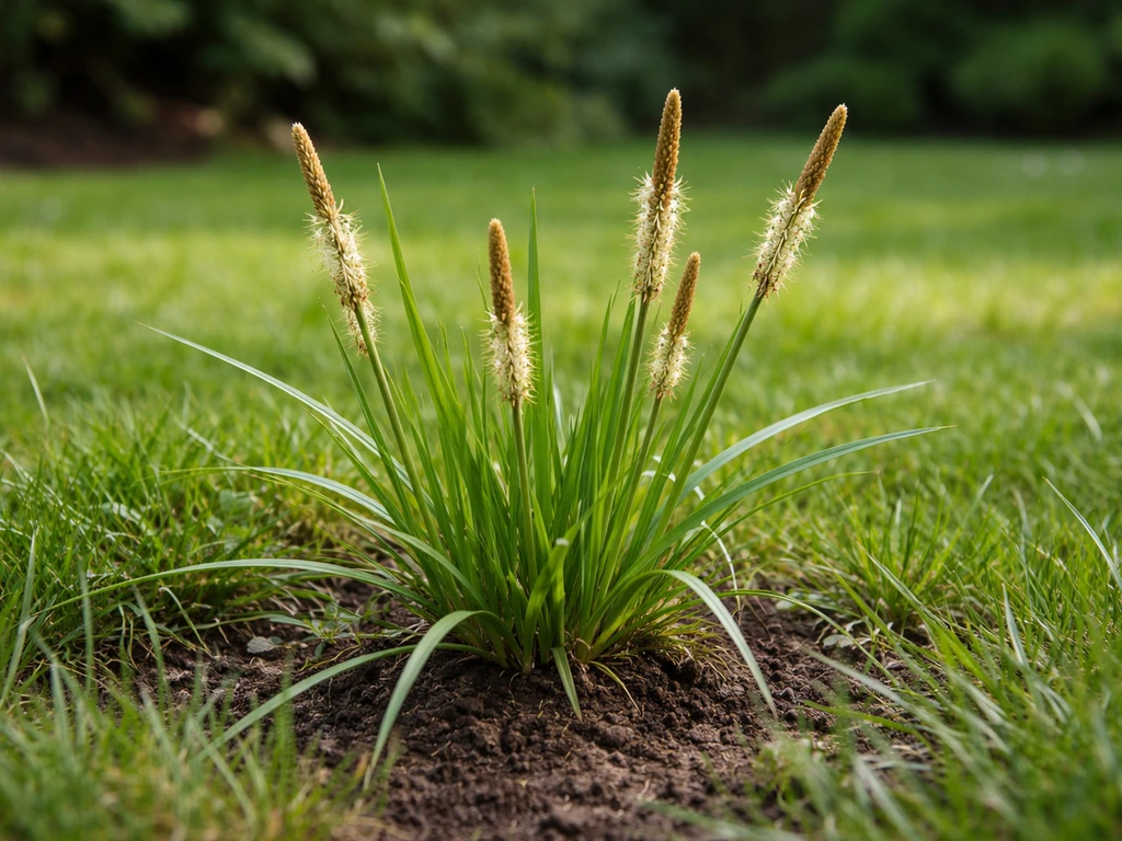 Close-up van zeggegras (Carex) tussen het gazon in een Nederlandse tuin, met zichtbare pollen