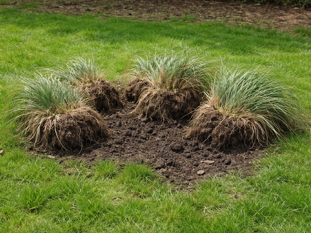 Uitgegraven pollen zegge uit een gazon, met omliggend gras als duidelijke referentie in de tuin