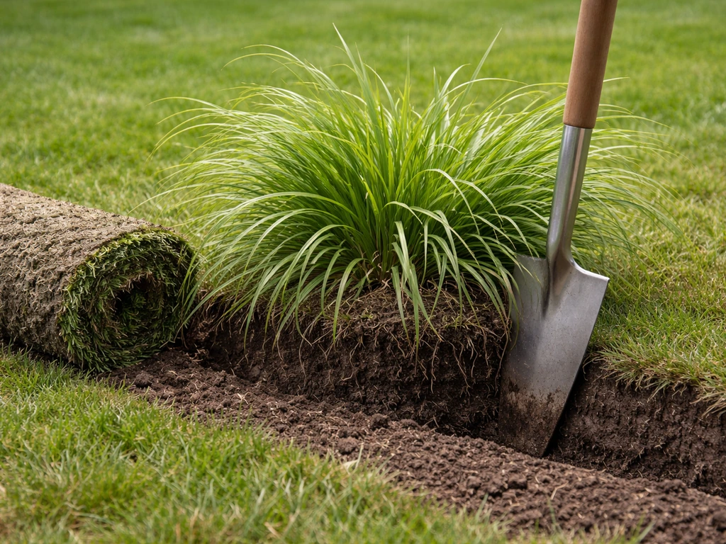 Tuinierstee: plantenschop steekt pollen uit in een zeggeklomp, met losgekomen zode op de grond