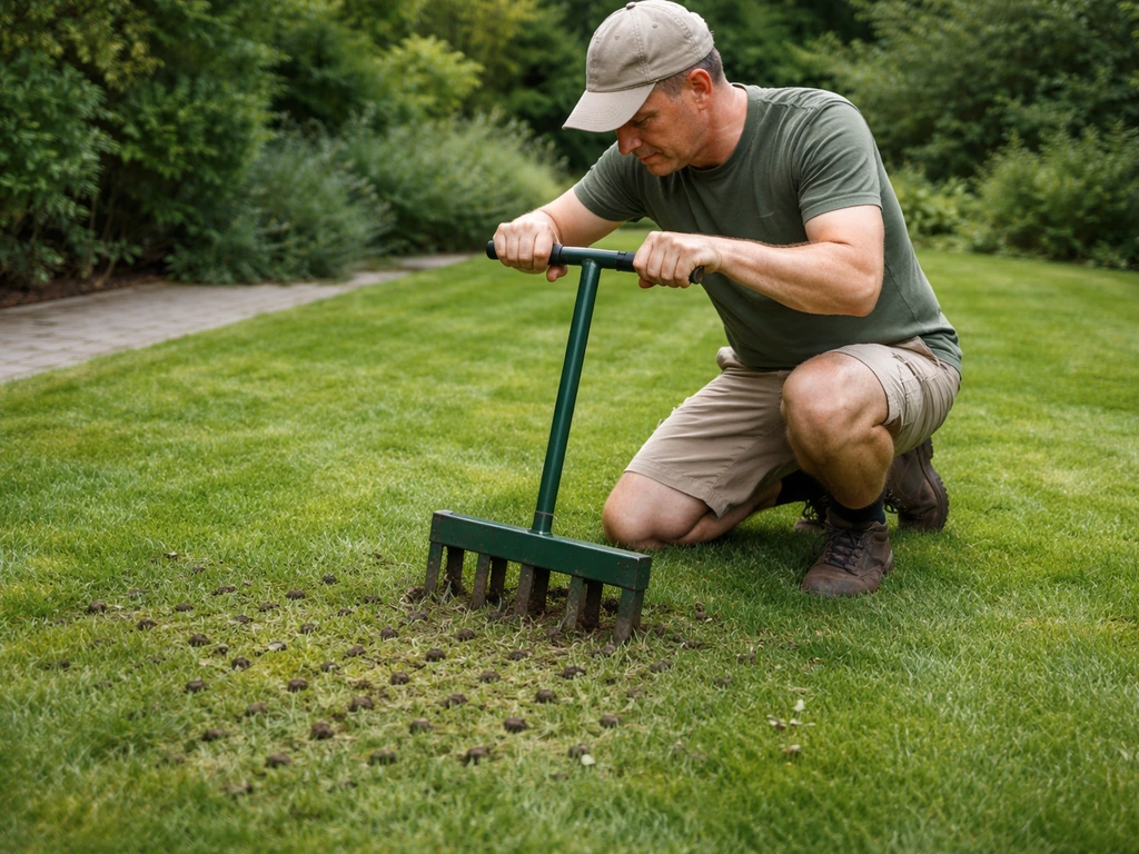 Tuinman belucht een gazon met een gazonbeluchter; kleine luchtige gaten in het gras verbeteren de bodem.