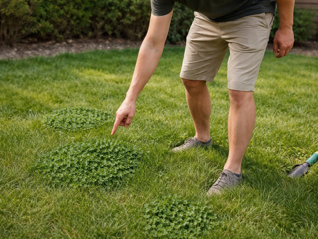 Iemand loopt over het gazon en markeert met een hand op de grond kleine plekken met klaverbedekking