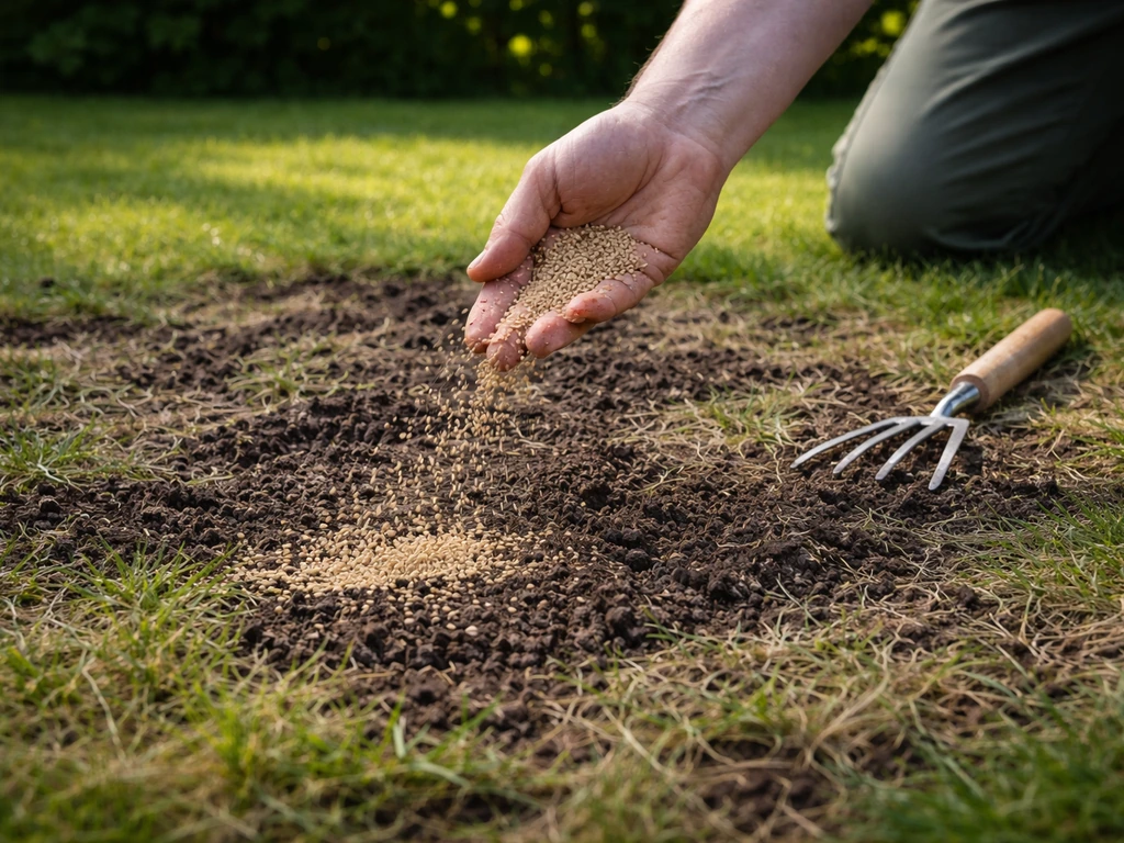 Tuinier die zaaigoed uitstrooit op kale grasplekken na verticuteren, met kleine harkje in close omgeving