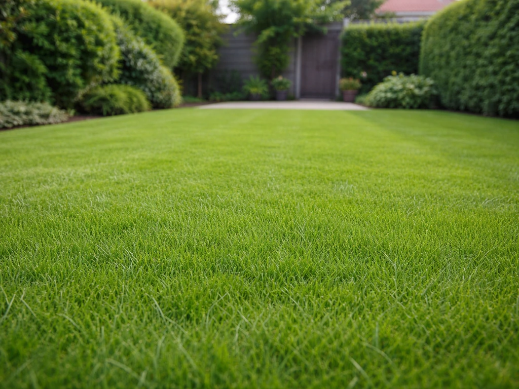 Verzorgd groen gazon in een Nederlandse achtertuin, gezien vanuit tuinperspectief bij natuurlijk daglicht.
