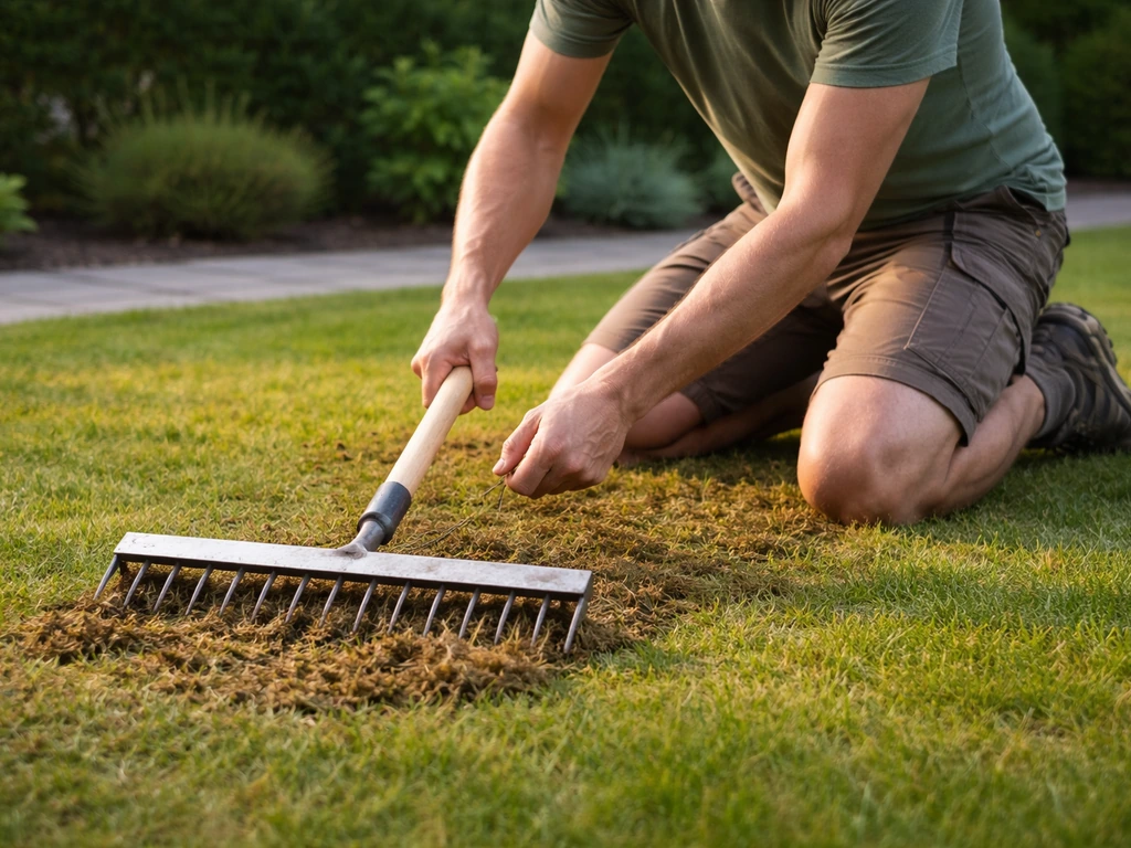 Tuinman houdt een verticuteerhark vast bij een gazon, klaar om te beluchten of te verticuteren.