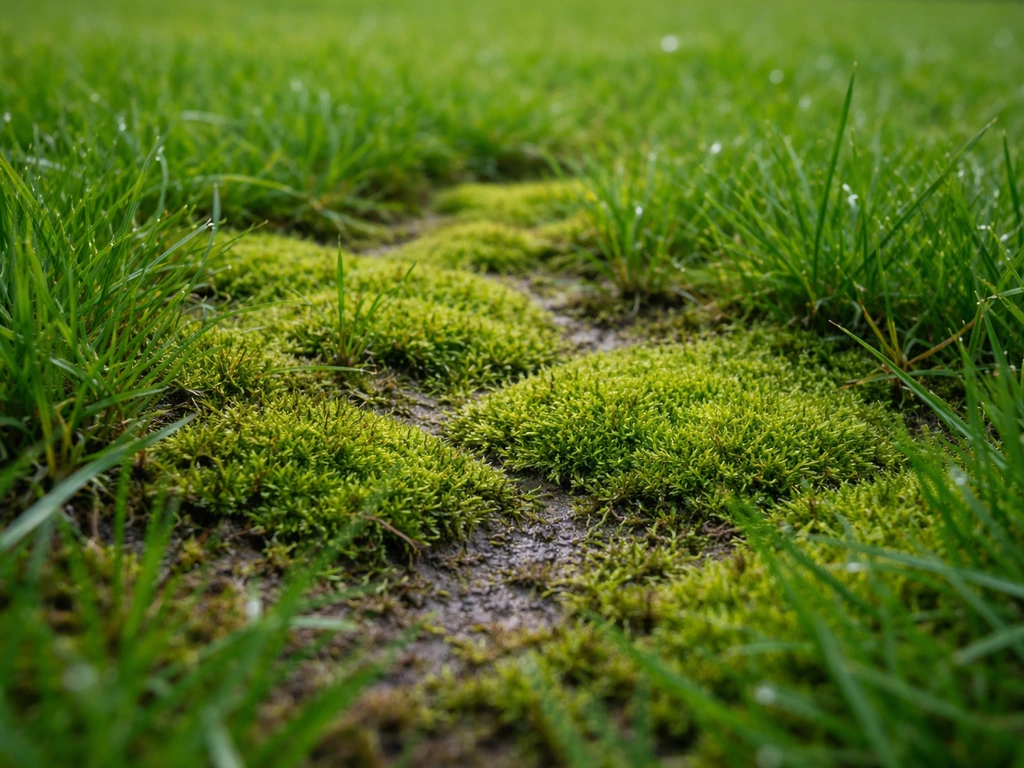 Close-up van mos tussen het gazon, met duidelijk zichtbare groene plekken op de grasmat.