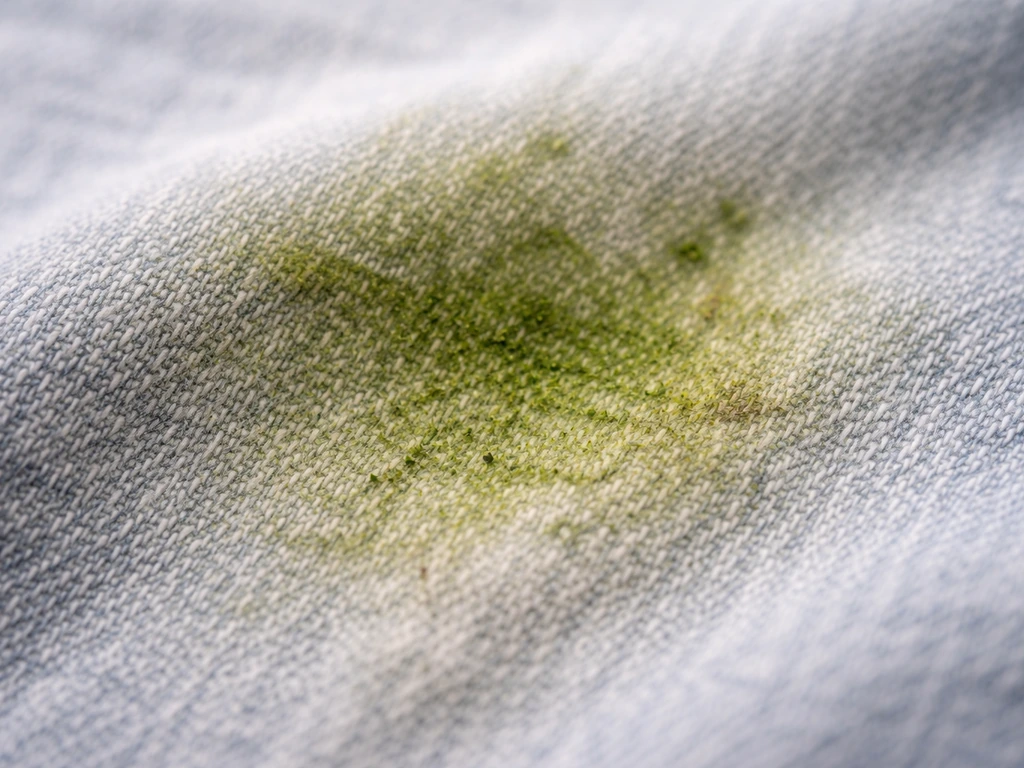 Close-up van een grasvlek in textielvezels, zichtbaar diep in de stofstructuur gedrongen.