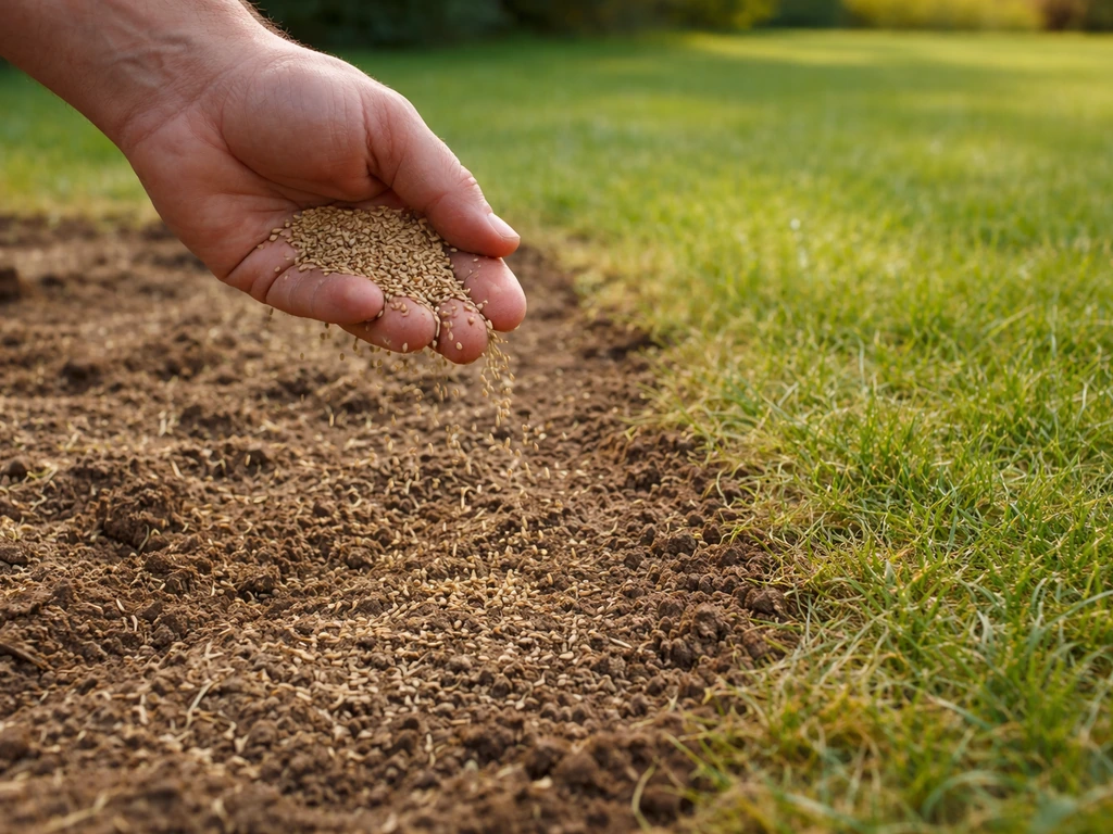 Hand strooit graszaad over net verticuteerd gazon; opengehaald oppervlak met zaad zichtbaar op de grond.