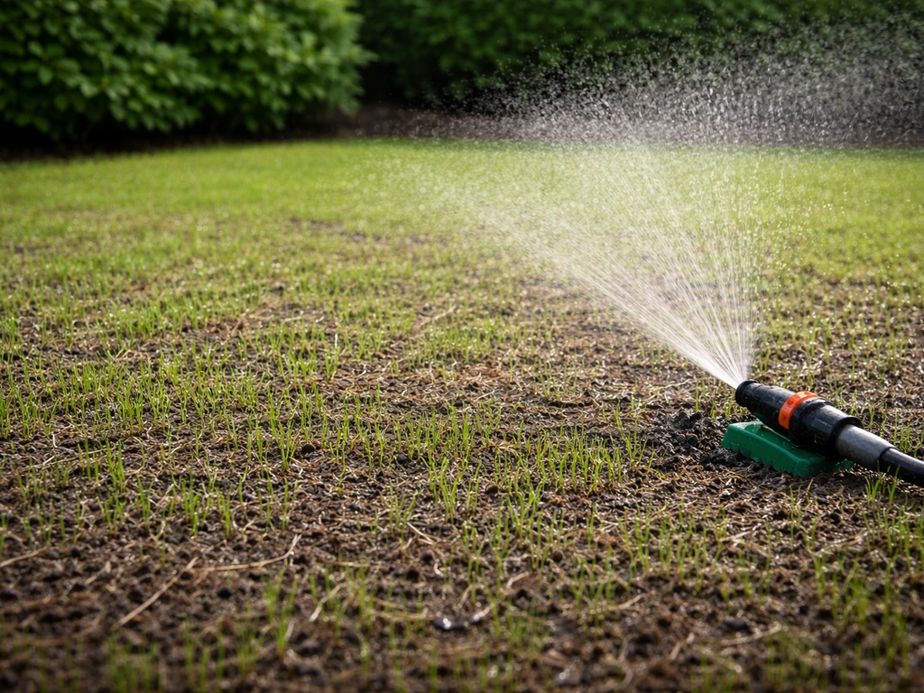 Sprinkler die vers ingezaaid gazon gelijkmatig vochtig maakt, met nieuw gras tussen natte bovenste aarde.