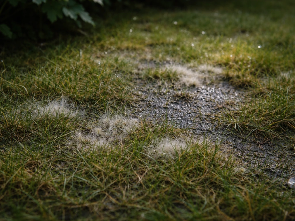 Vochtige grasplek in de schaduw met samengeperste plekken en subtiele schimmelachtige waas.