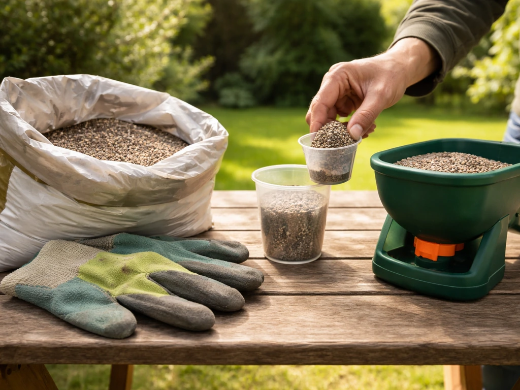Handschoenen, korrelmest/tuinmiddel en meet-/handstrooier op een houten tuintafel bij gazonbeheer.
