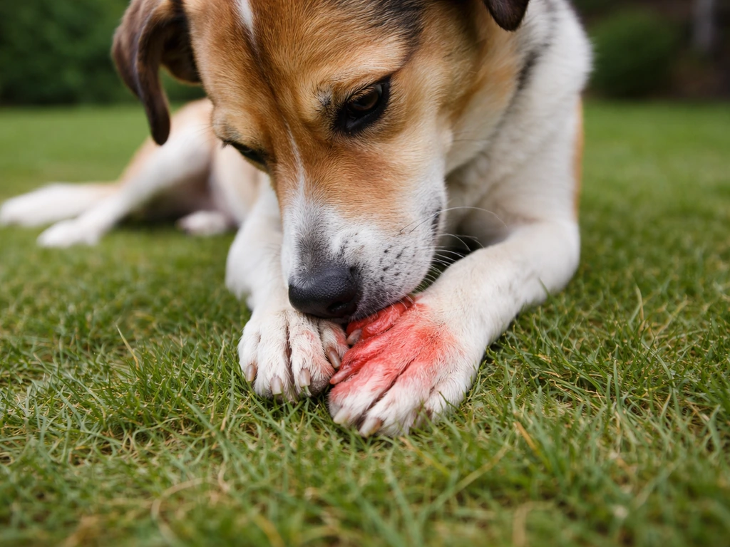 Anonieme hond likt mank aan één poot tussen de tenen in een rustige tuin na grascontact.