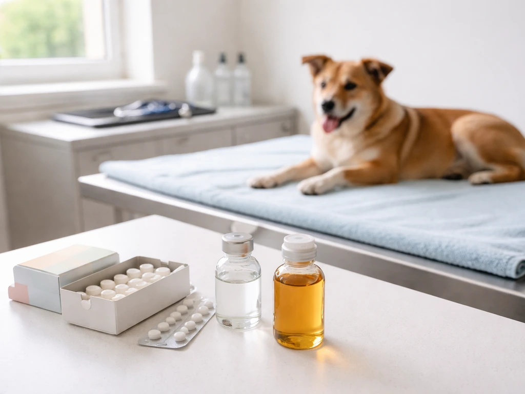 Hond op onderzoekstafel in dierenartspraktijk met anonieme tabletten en flesjes behandelopties op tafel