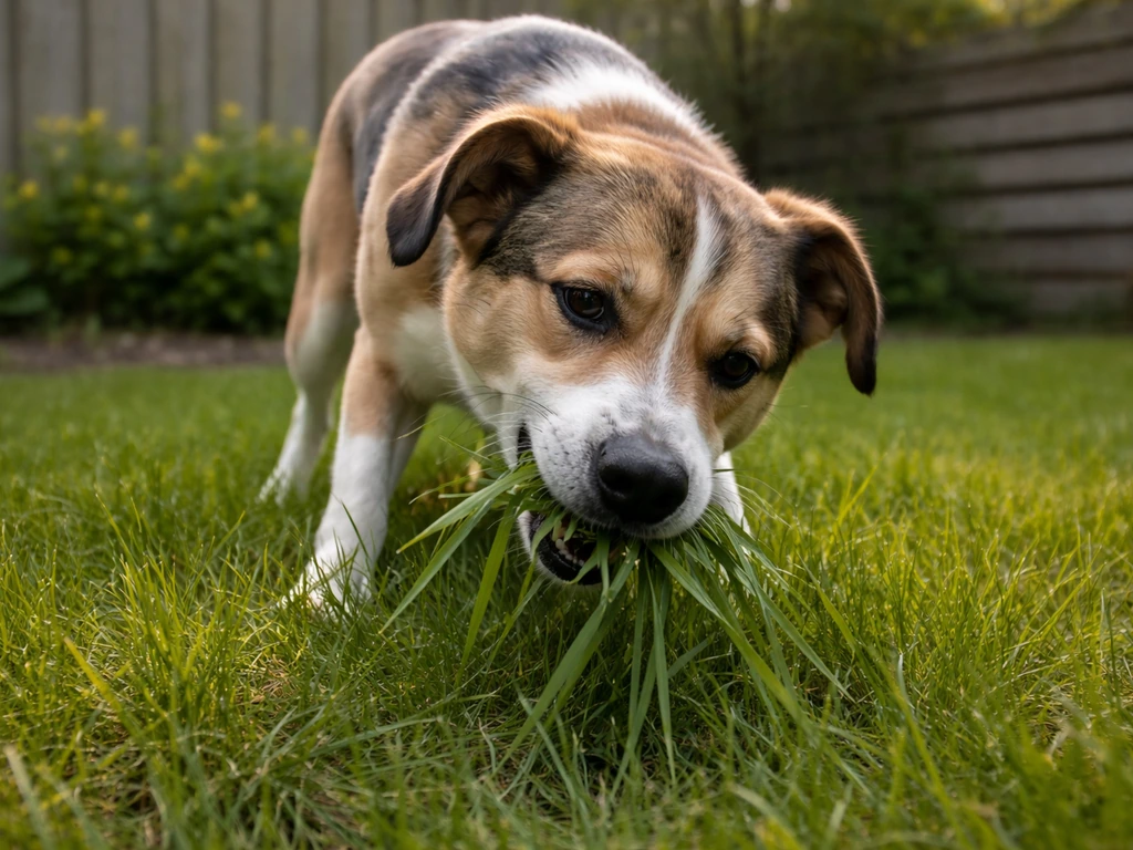 Hond eet herhaaldelijk gras in een Nederlandse achtertuin, realistische tuinsetting, focus op grasgedrag.