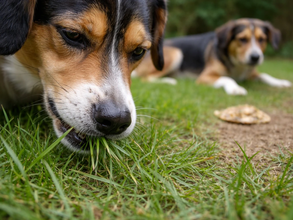 Close-up van een hond die gras plukt, met subtiele signalen op de achtergrond die maagklachten suggereren.