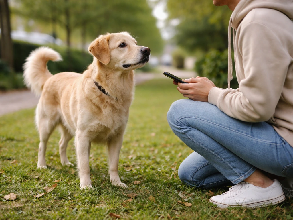 Anonieme eigenaar knielt bij hond op gras en observeert rustig met telefoon, zonder straffen.