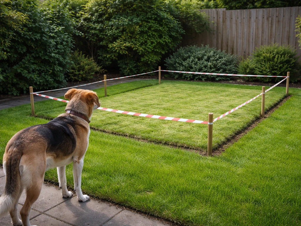 Hond houdt afstand bij afgezette strook op het gazon met waarschuwingstijd na behandeling