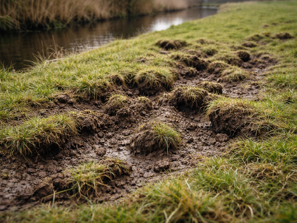 Close-up van gras met woelsporen en omgewoelde graszoden langs een slootoever (gras karper-schade).